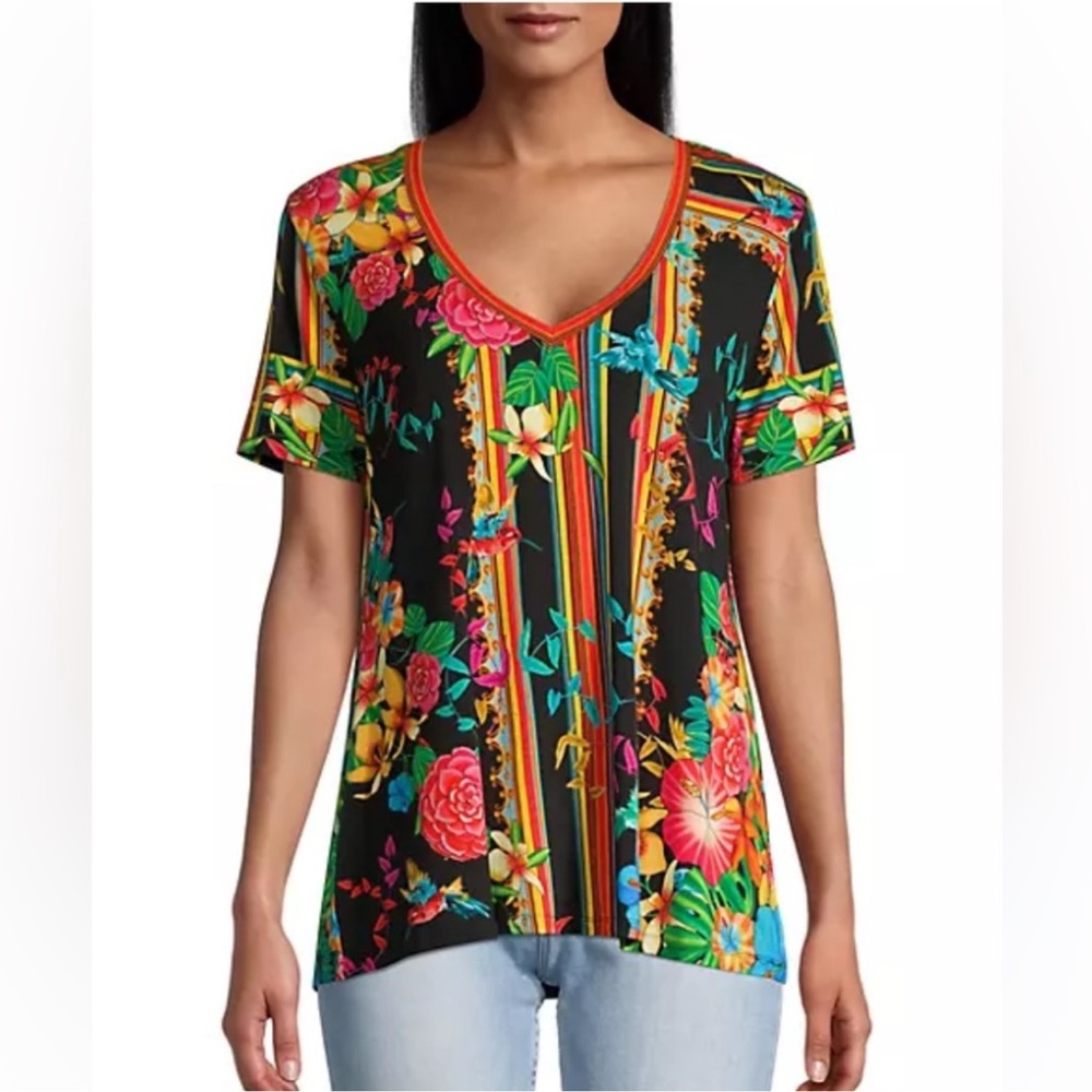 Johnny Was Black Multicolor Floral Stripe V-Neck Short Sleeve Tee